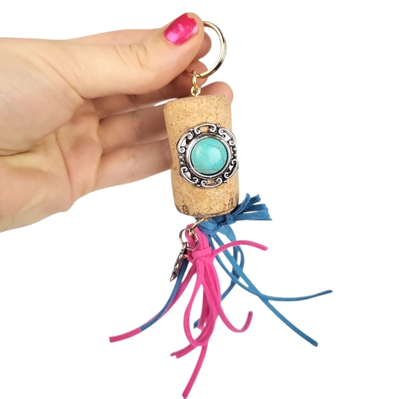 Gold Plated Cork Keychain Faux Turquoise Faux Leather Tassels - Picture 1 of 5
